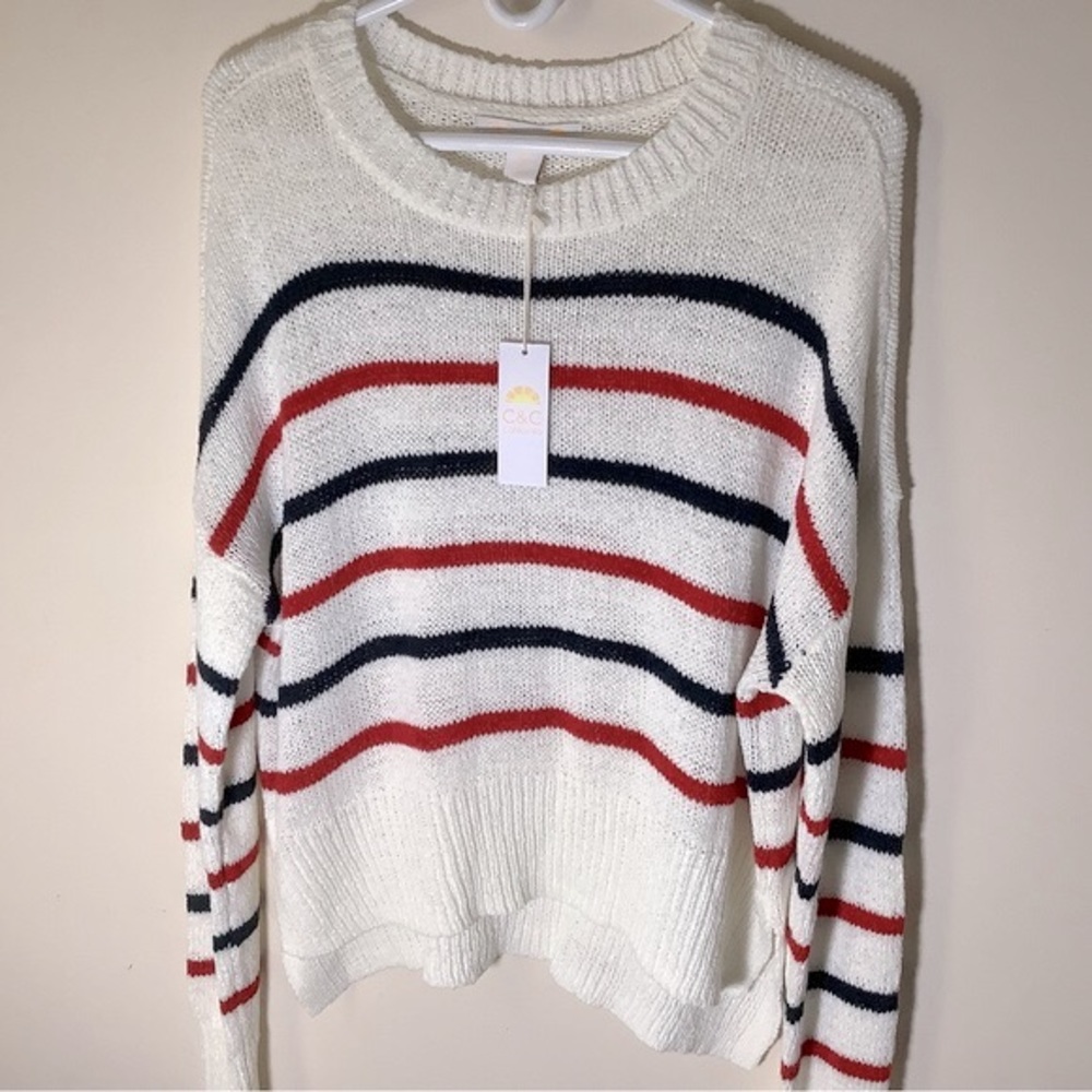 NWT‎ C&C California Striped Loose Knit Boxy Sweater Cream Blue Red Large.